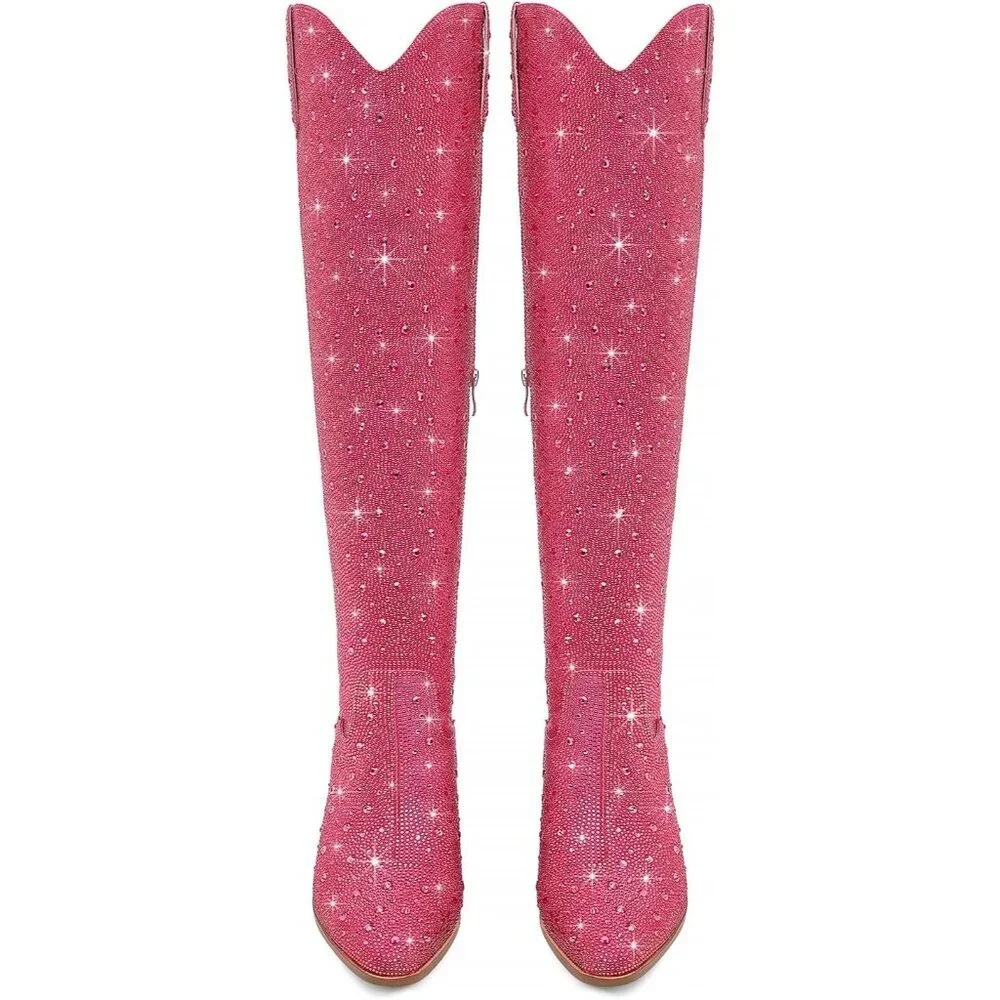 Women Hot-pink Faux Leather Sparkly Bling Rhinestone Over the Knee Cowboy Boots